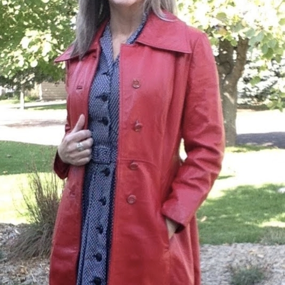 red LEATHER COAT vintage trench jacket S - Picture 2 of 11